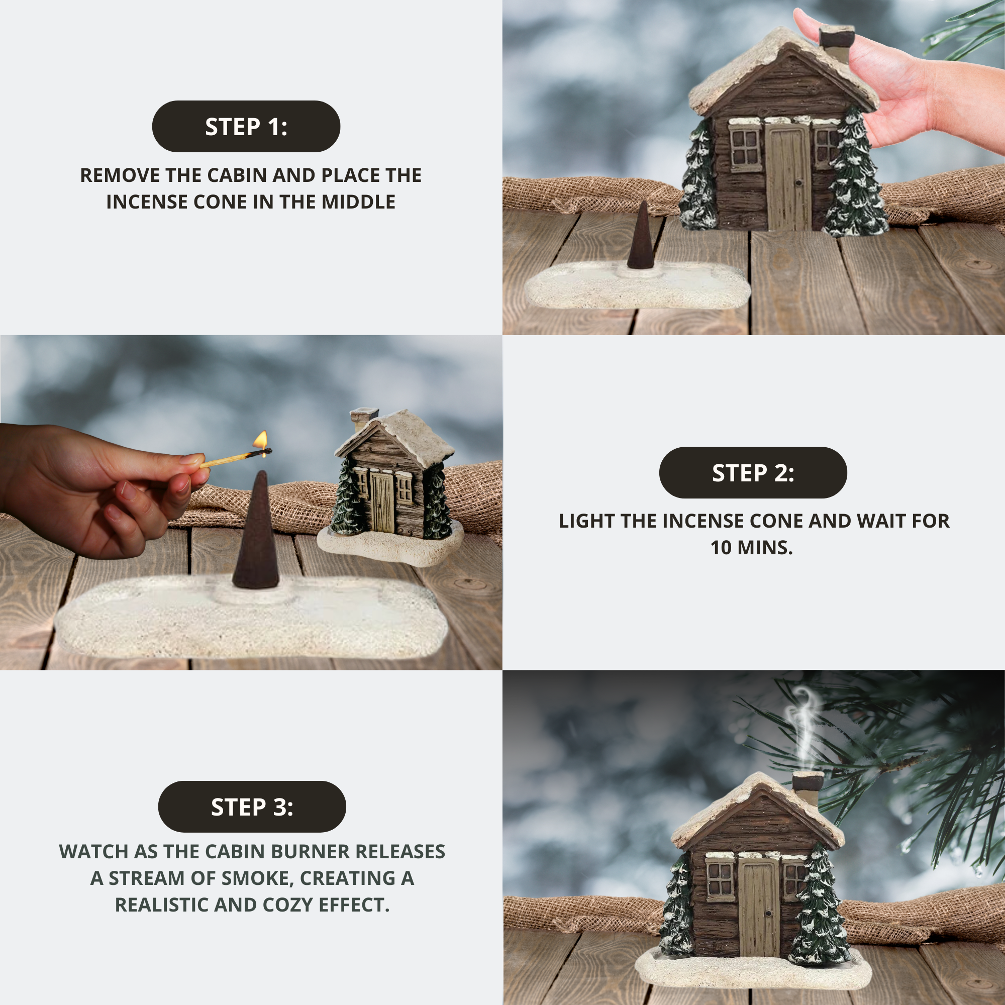 Comfrost™ Snowy Log Cabin Incense Burner | Incl. 2 Incense Cones