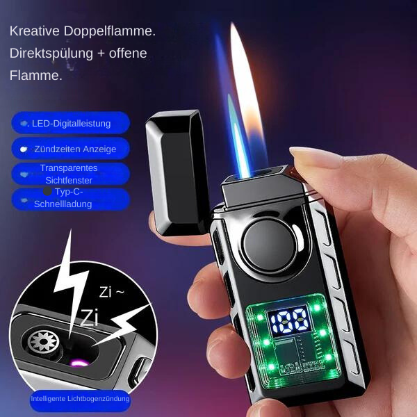 Doppelflammen-Feuerzeug™ Wiederaufladbar mit farbigen Lichtern