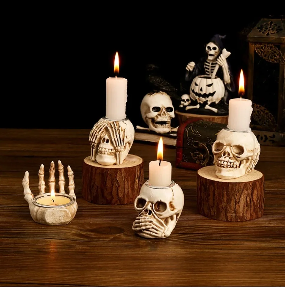 | Skullight 3pc Halloween Skull Candle Holder Set